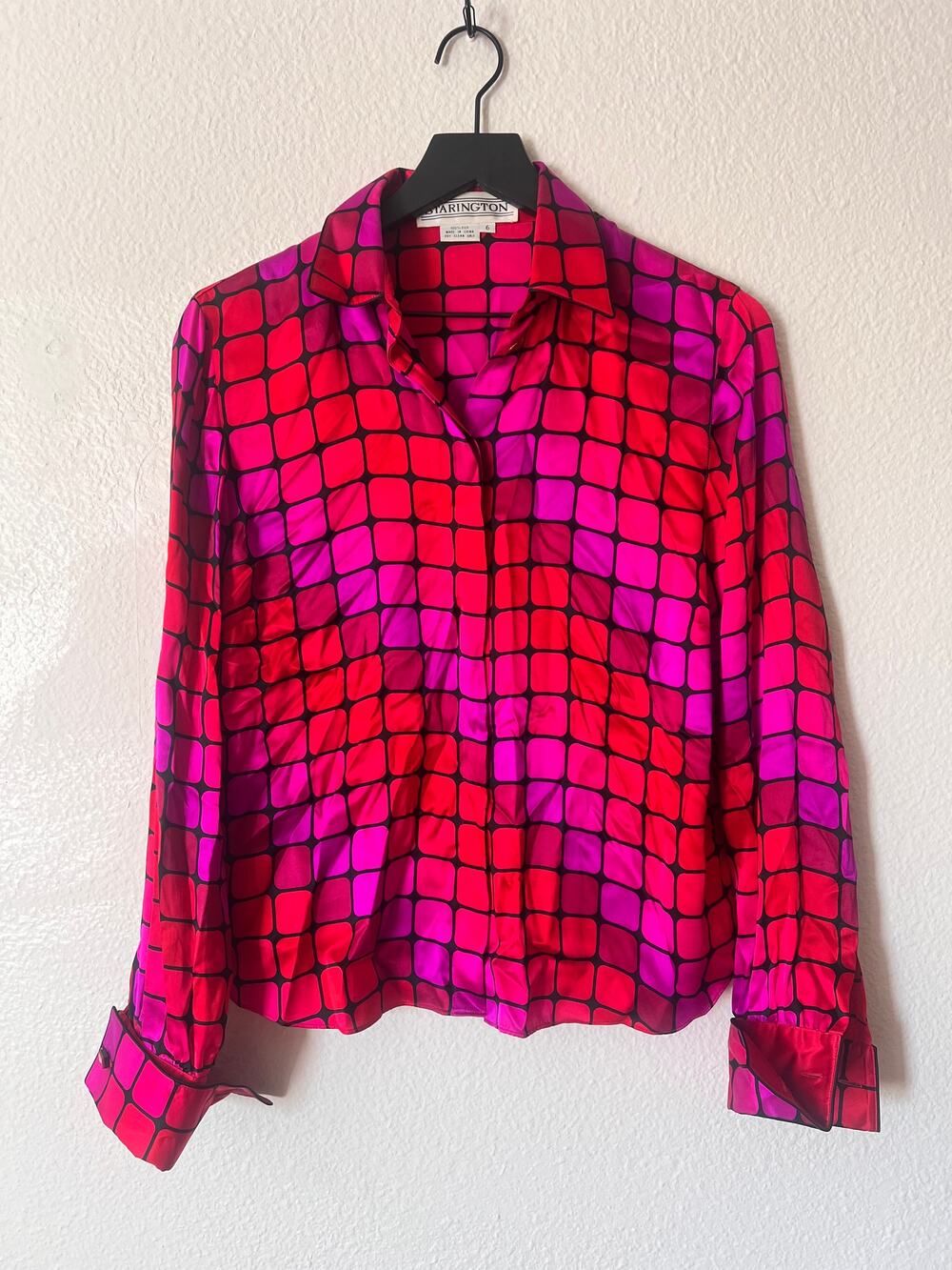 VTG Starington Silk Button Front Geometric 80s 90s Bold Print Shirt Women Size 6
